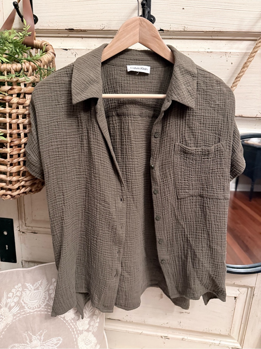 Calvin Klein Olive-Green Short Sleeve Button-Down Shirt